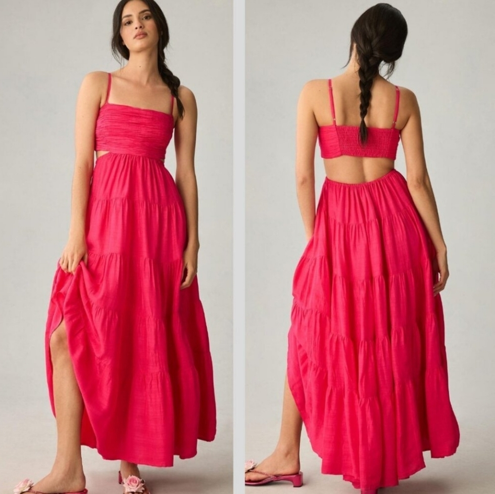 Hot Pink Tiered Maxi Dress with Smocked Bodice